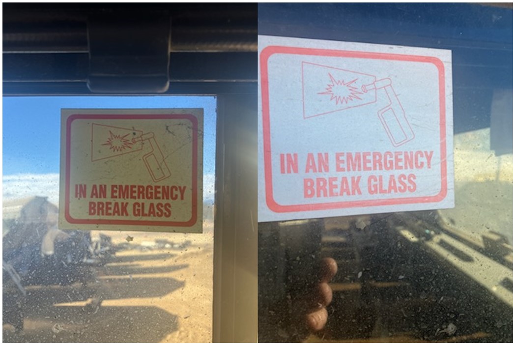Figure&nbsp;11: Emergency exit sticker with illustration and block text