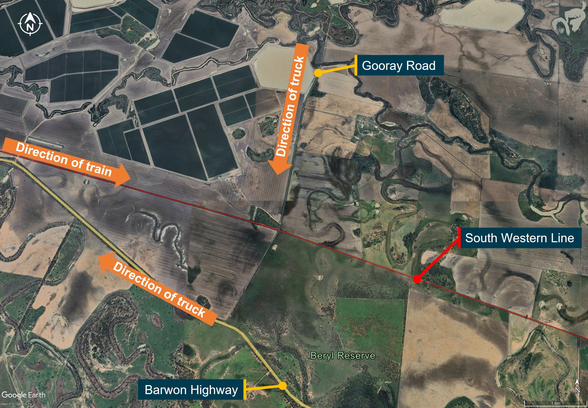 Figure&nbsp;2: Direction of travel for the truck and train through Gooray