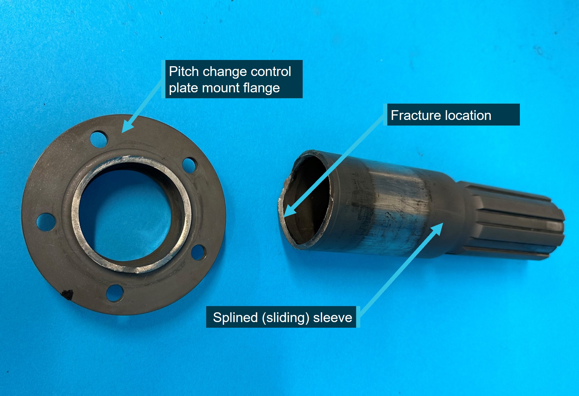 Figure&nbsp;3: Separation of the pitch change control plate mount flange from the splined sleeve