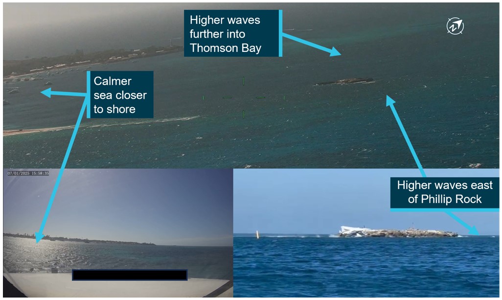 Figure&nbsp;6: Aerial view shortly after the accident near to the impact point showing the rougher sea state outside of Thomson Bay (top), with surface photography from a vessel in Thomson Bay (bottom left) and a witness on the shore (bottom right) showing conditions shortly before the accident. 