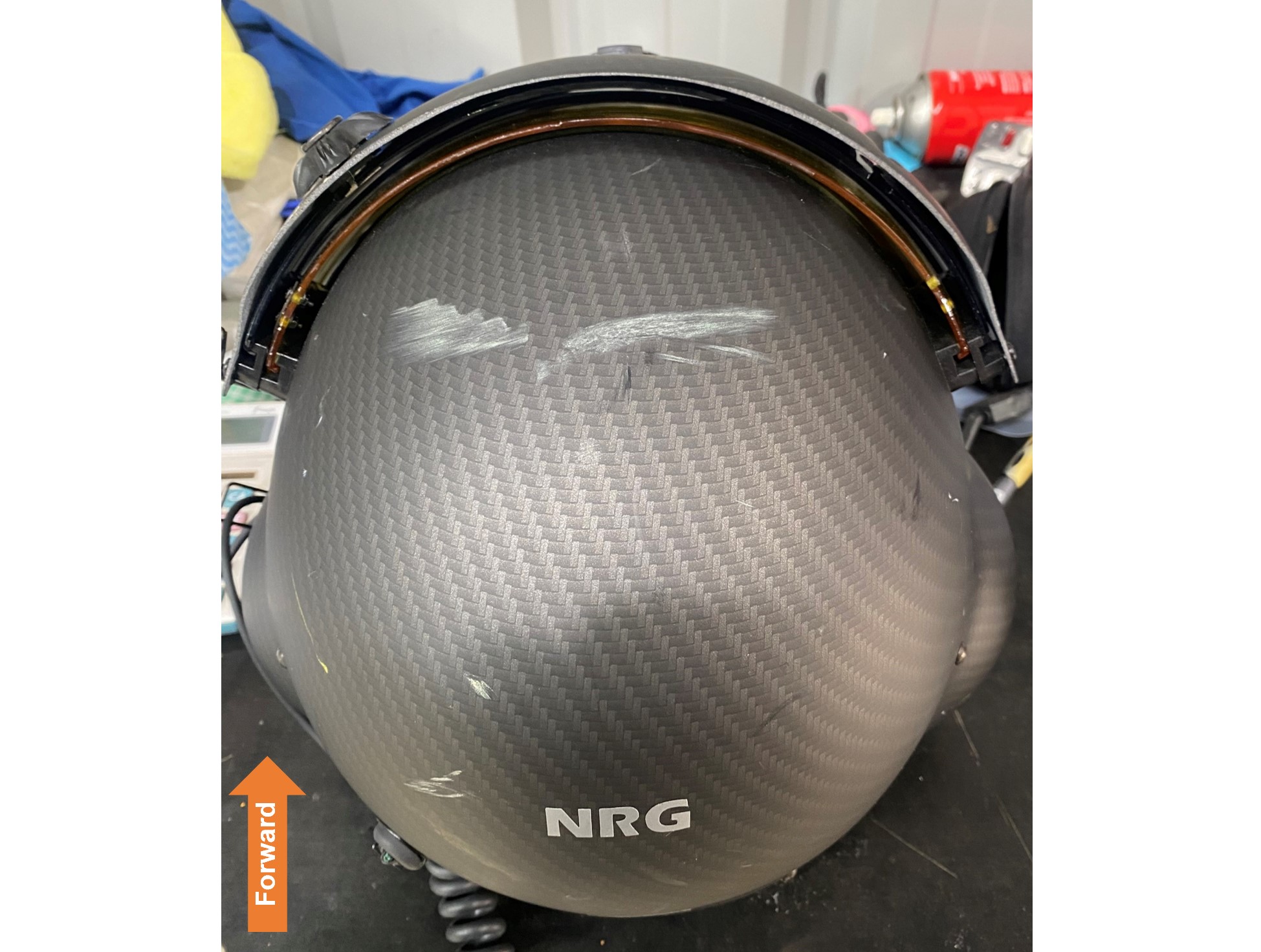Figure&nbsp;7: Top view of helmet worn by the pilot of VH‑ZDI showing damage