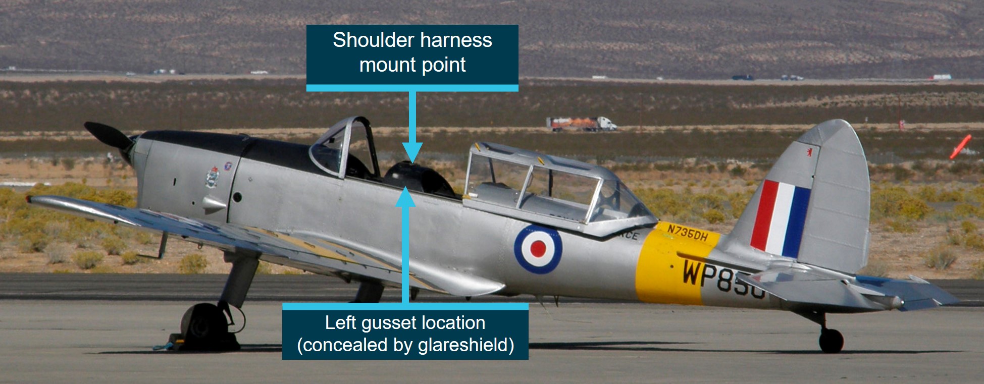 Figure&nbsp;5: DHC-1 Chipmunk cockpit showing gusset and shoulder harness locations (exemplar aircraft)