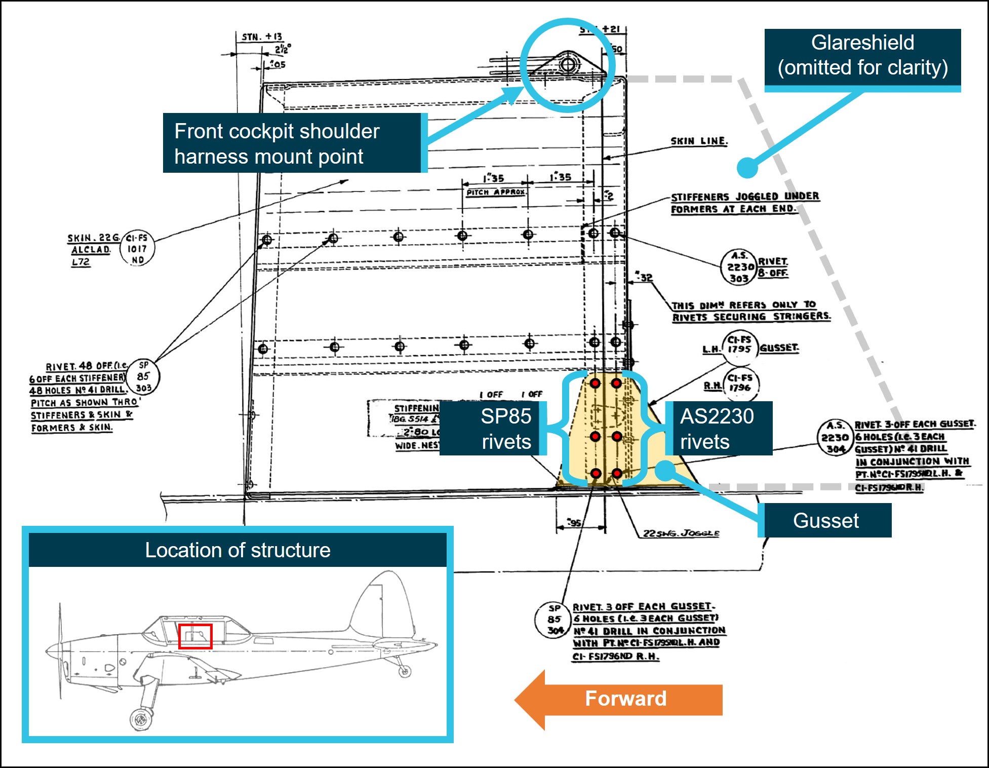 Figure&nbsp;6: Modification H.268 gusset and rivet location (left side shown)