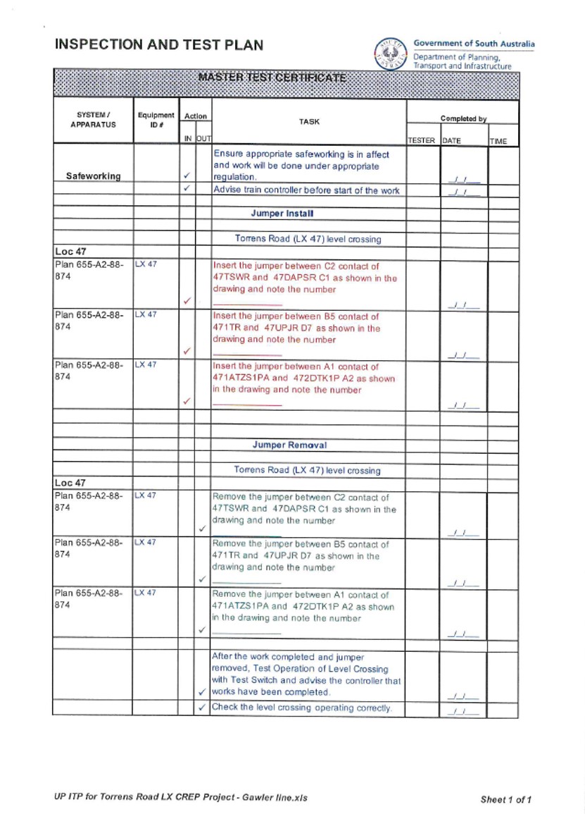 Appendix C – Torrens Road inspection and test plan