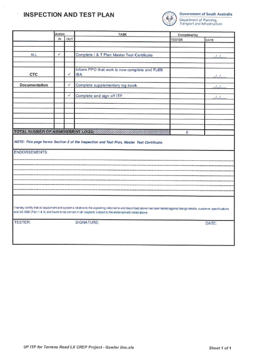 Appendix C – Torrens Road inspection and test plan