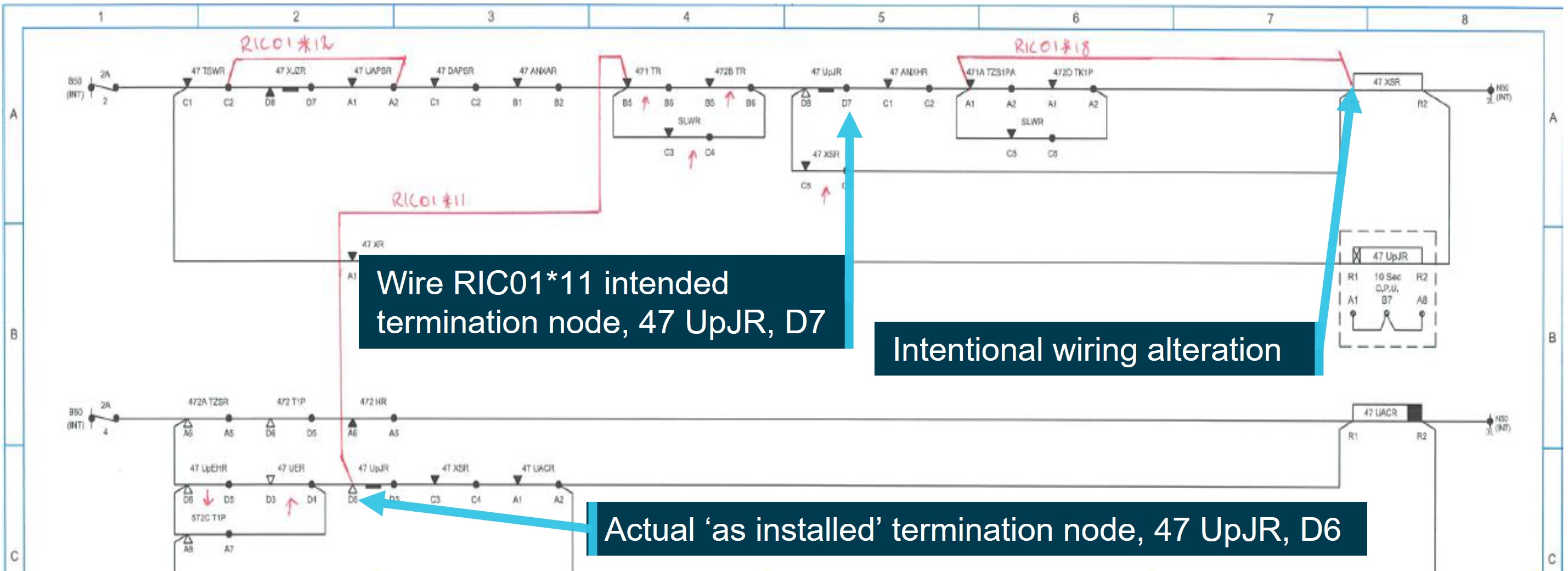 Figure&nbsp;12: Extract of the Torrens Road level crossing control circuit showing temporary jumper wires in the ‘as installed’ configuration