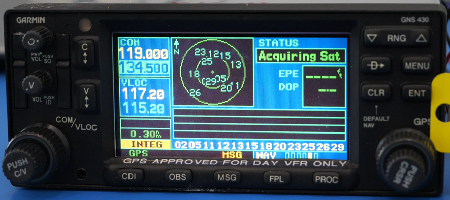 Figure&nbsp;21: Garmin&nbsp;GNS430 (Com 1) from VH‑XKQ – indication on power up after self-test