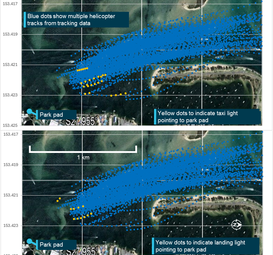 Figure&nbsp;30: Orientation of EC130 showing when taxi lights (top image) and landing lights (bottom image) could be visible to ground crew on the park pad
