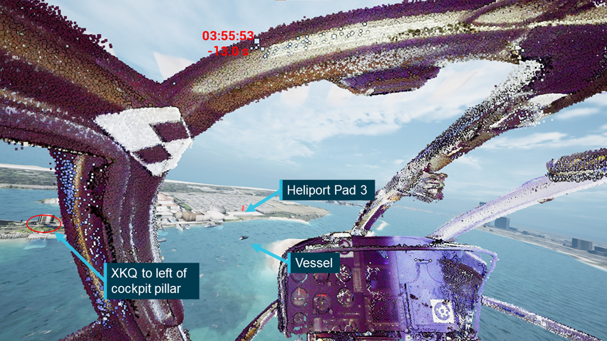 Figure&nbsp;33: Relative positions of Heliport Pad 3, vessel and XKQ at 13 s prior to impact
