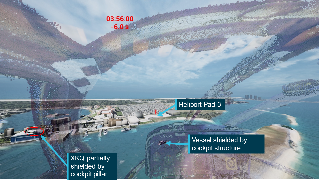 Figure&nbsp;34: Relative positions of Heliport Pad 3, vessel and XKQ at 6 s prior to impact