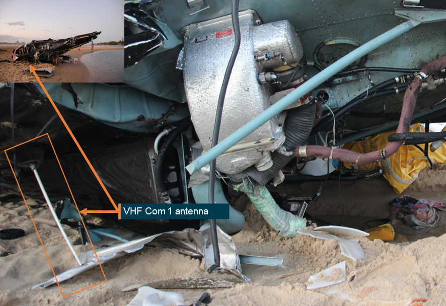 Figure&nbsp;44: The VHF Com 1 antenna (main) from XKQ at the accident site (inset)