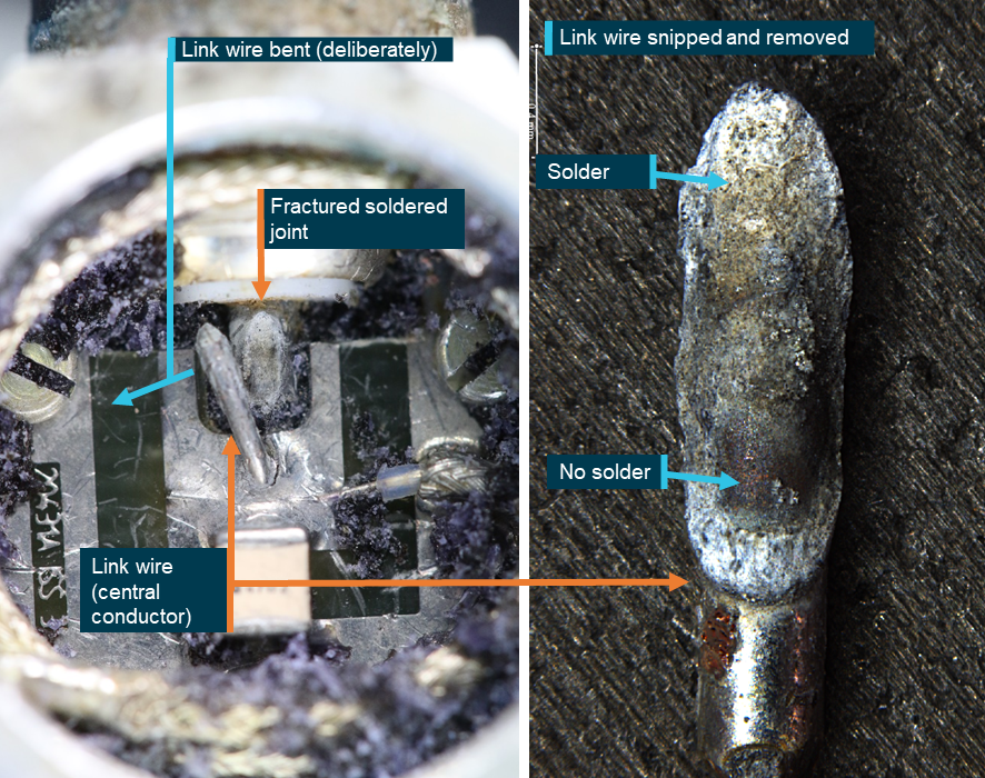 Figure&nbsp;48: View from within the antenna base showing that the link wire&nbsp;at the soldered joint had cracked then fractured from the circuit board and then over time the surfaces had oxidised