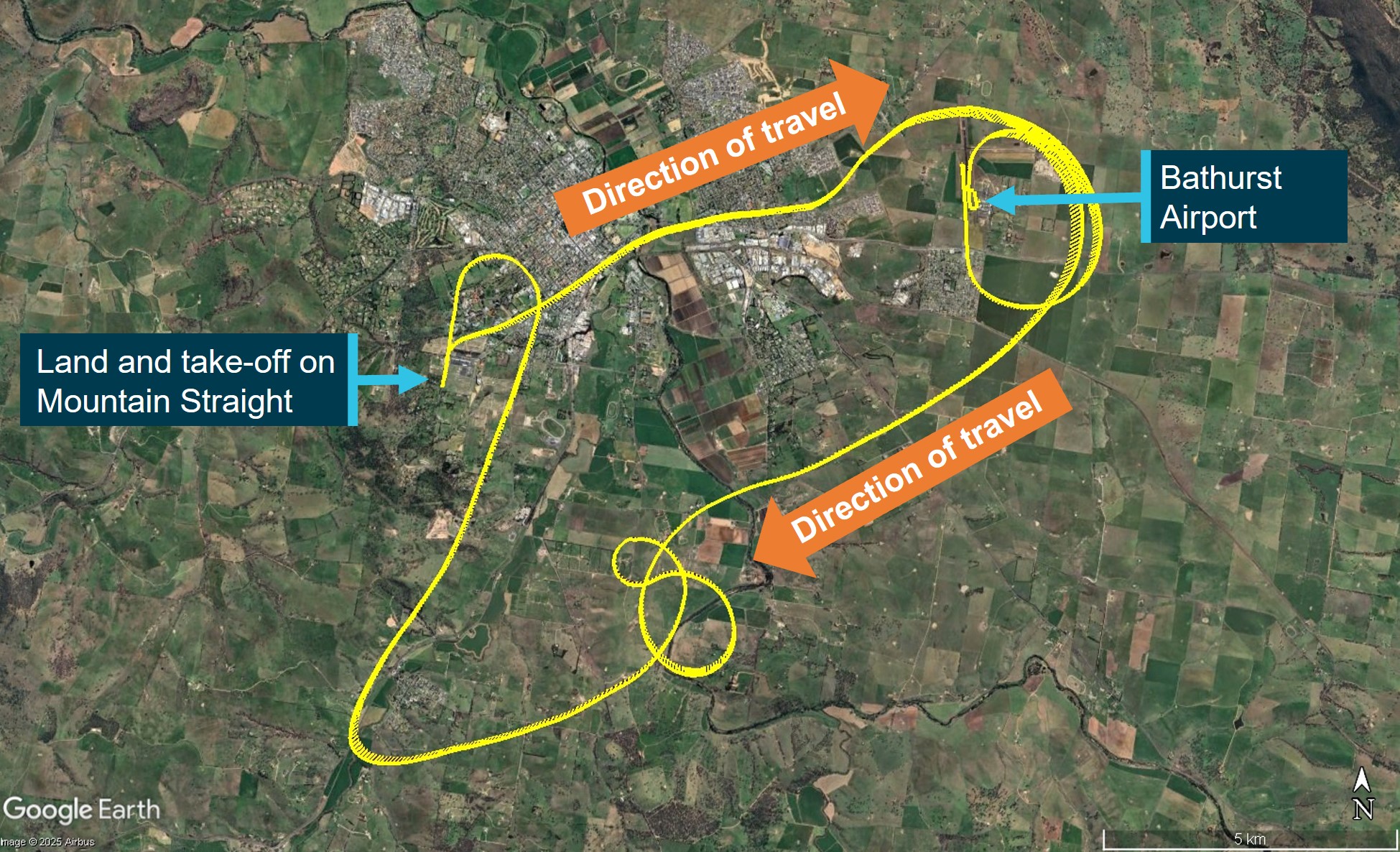 Figure&nbsp;1: Landing and take-off of incident flight between Bathurst Airport and Mount Panorama