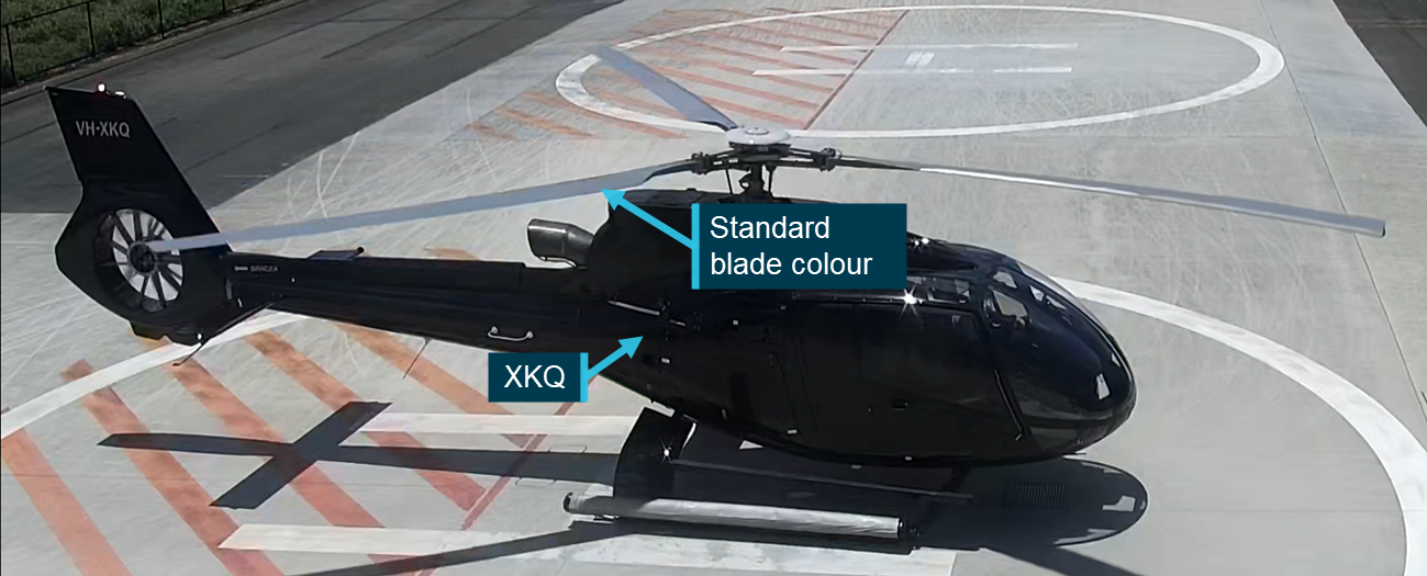 Figure&nbsp;10: XKQ at the operator’s heliport showing standard visibility blades