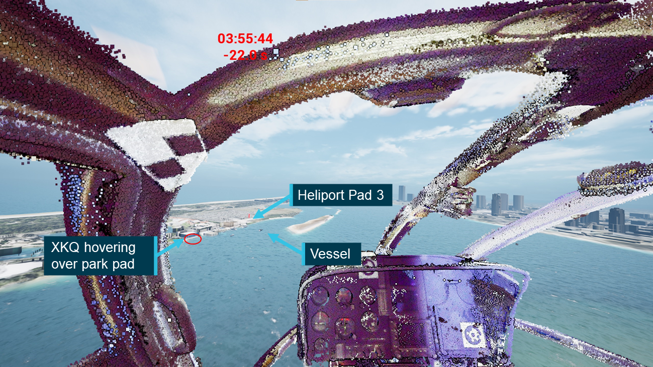 Figure&nbsp;47: Relative positions of Heliport pad 3, vessel and XKQ at 03:55:44