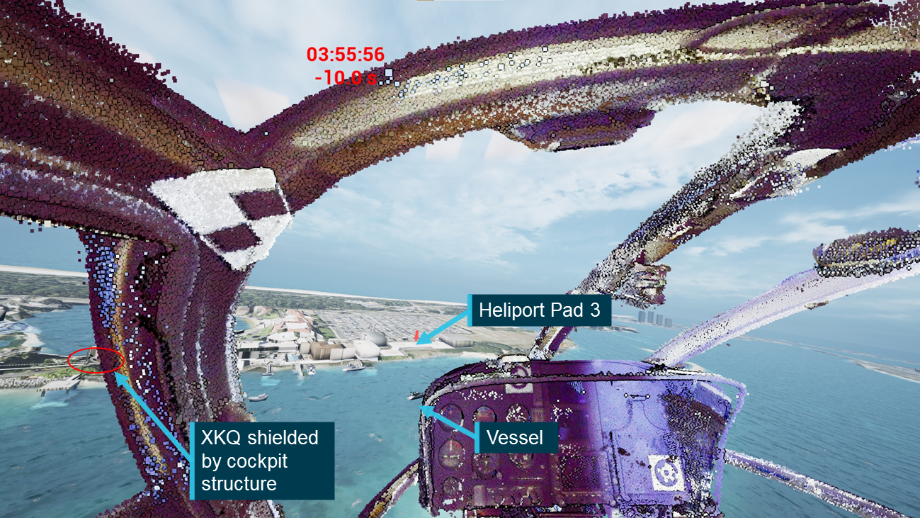 Figure&nbsp;49: Relative positions of Heliport Pad 3, pleasure craft and XKQ at 03:55:56