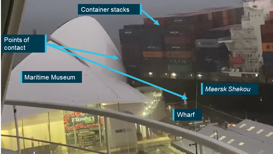 Figure&nbsp;5: Footage showing contact of Maersk Shekou with the shore