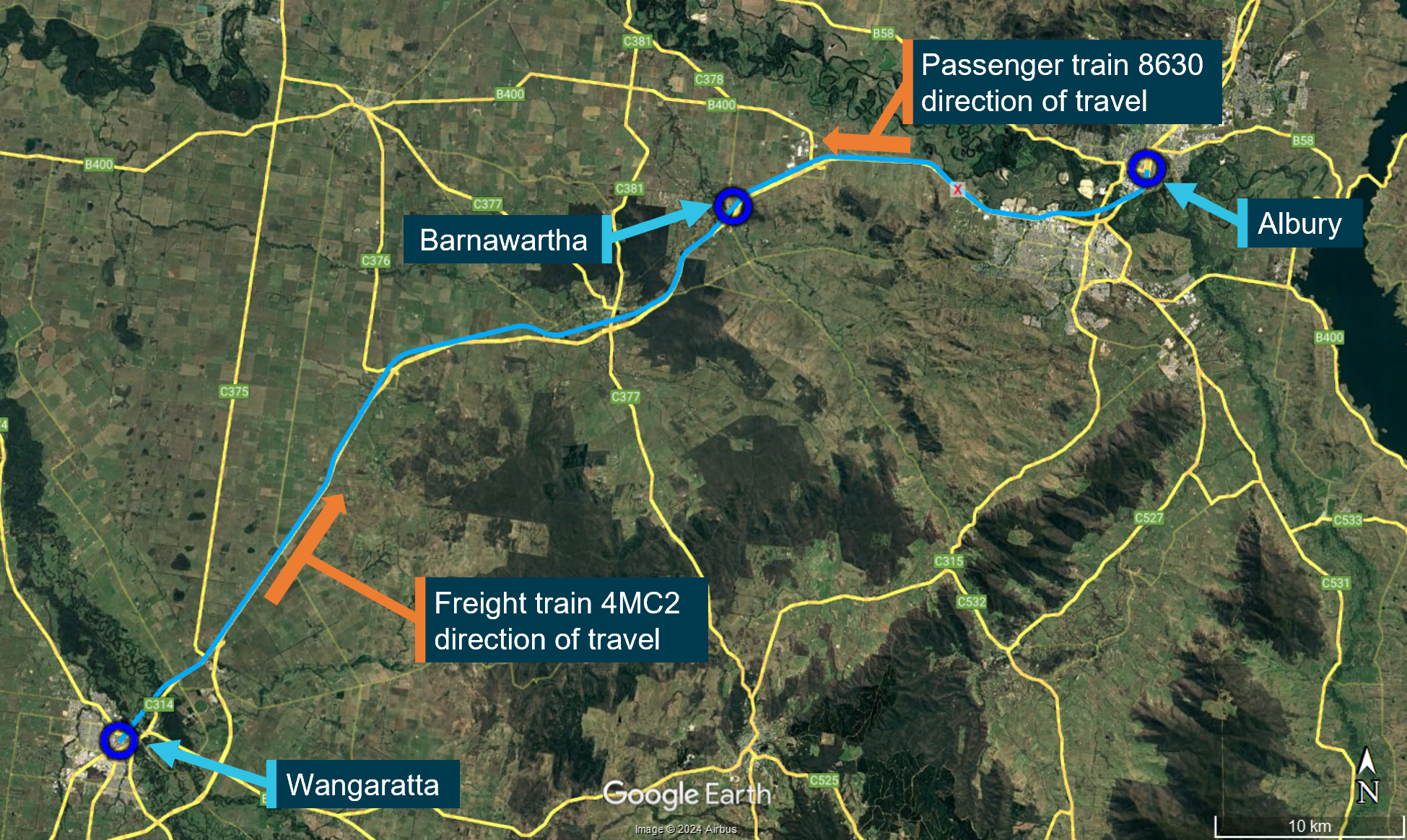 Figure&nbsp;1: Freight train route from Wangaratta (Victoria) to Albury (NSW)