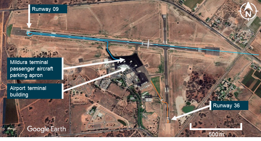 Figure&nbsp;1: Overview of airport showing Dash 8 (blue) and Lancair (orange) ground tracks