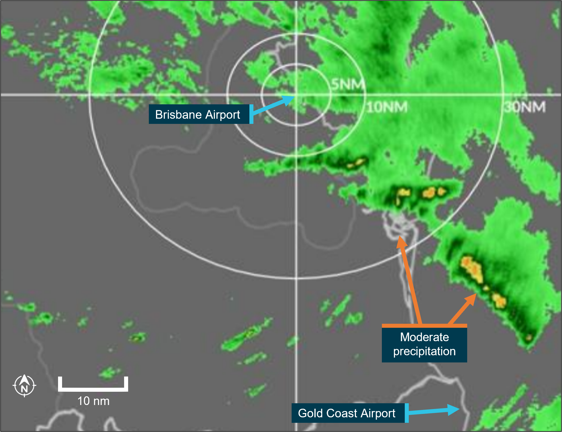 Figure&nbsp;4: Brisbane Airport weather radar overlay on 4&nbsp;May at 1200 local time (time of departure)