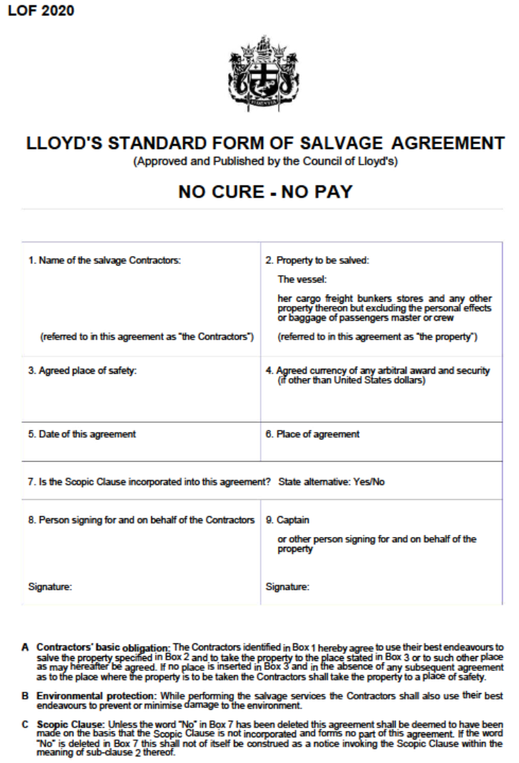 Appendix A –&nbsp;Lloyd’s standard salvage agreement