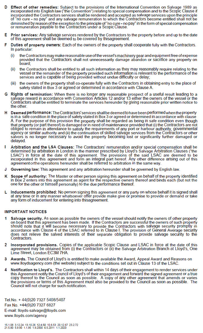 Appendix A –&nbsp;Lloyd’s standard salvage agreement