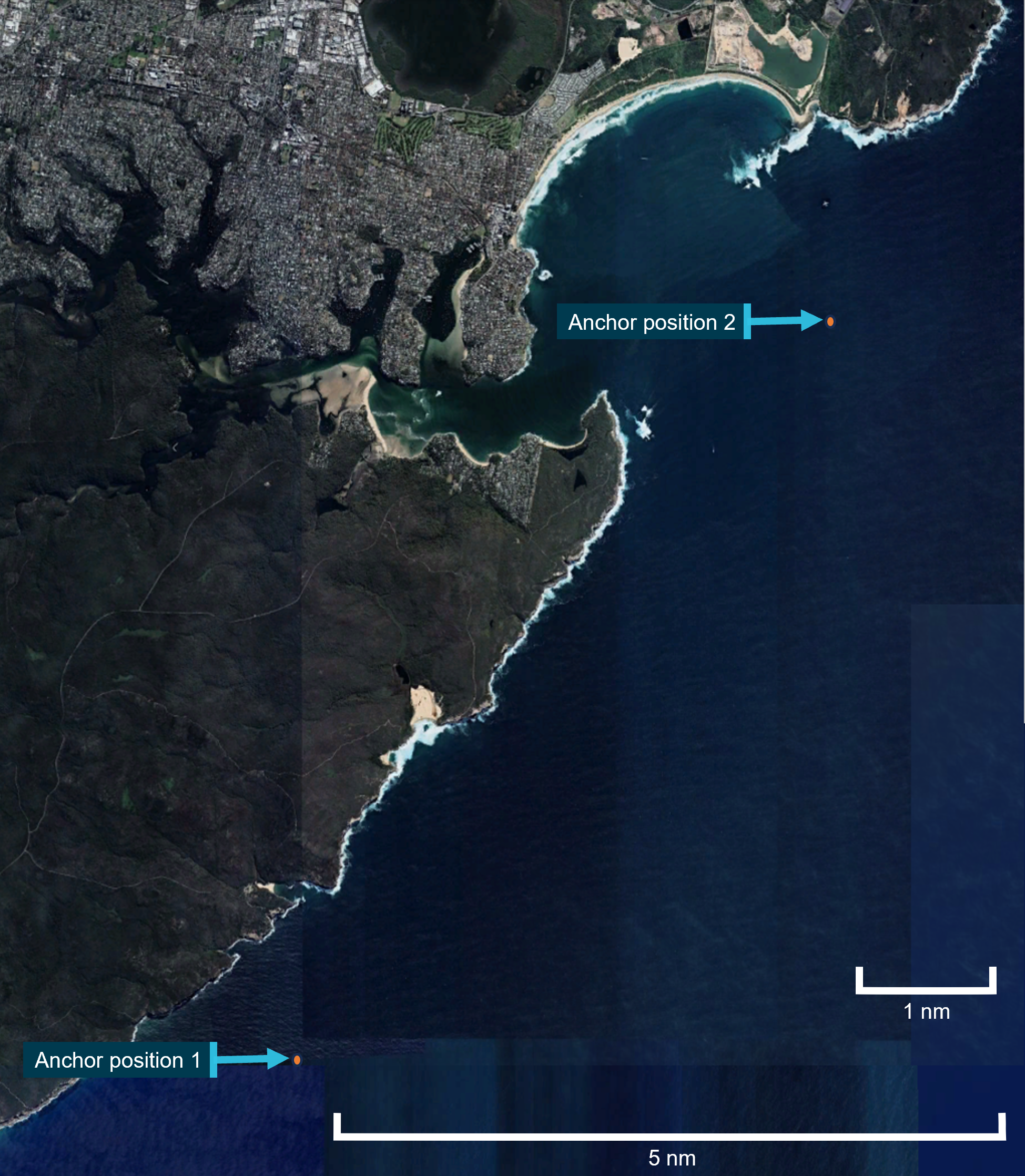 Figure&nbsp;12: Anchor positions off Eagle Rock and Bate Bay on 4&nbsp;July 2022