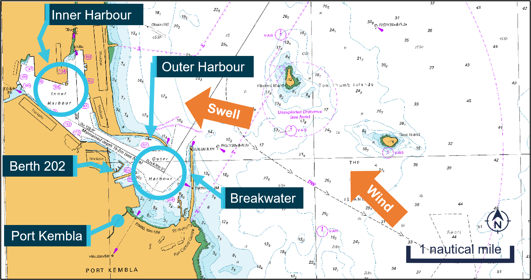Figure&nbsp;3: Location of berth 202 (wind and swell direction at 1100 on 3&nbsp;July)