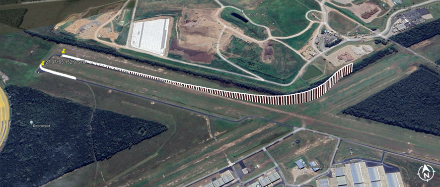 An aerial photograph of Caboolture Airfield with a flight path overlaid. The flight path shows the Jabiru taking off and climbing from runway 11 before turning to the left. The flight data terminates shortly afterwards. 
