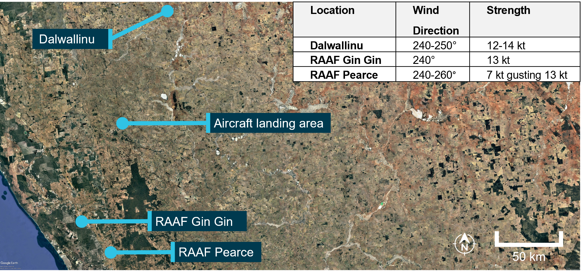 Google Earth image marking the nearest weather reporting stations to the ALA. Insert table shows locations recorded wind from the south-west between 7 and 14 kt.