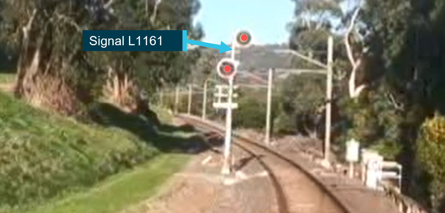   Figure&nbsp;3: Signal L1161 on the approach from FTG, annotated to show at stop