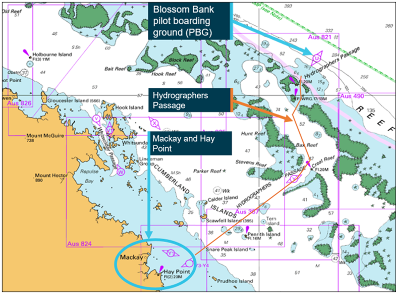 A chart showing the location of  Blossom Bank pilot boarding ground, Hydrographers Passage, Mackay and Hay Point