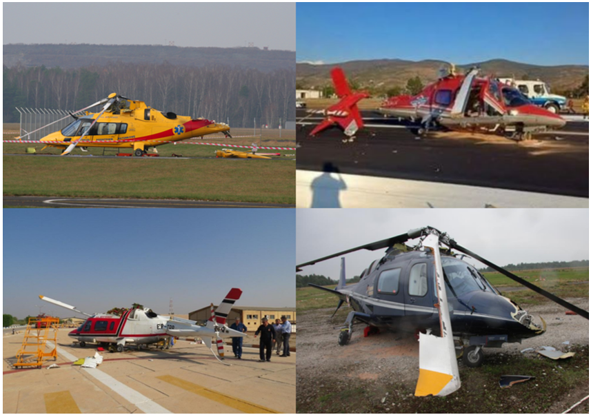 Four separate images showing damaged Agusta A109 helicopters after experiencing ground resonance in previous accidents. 