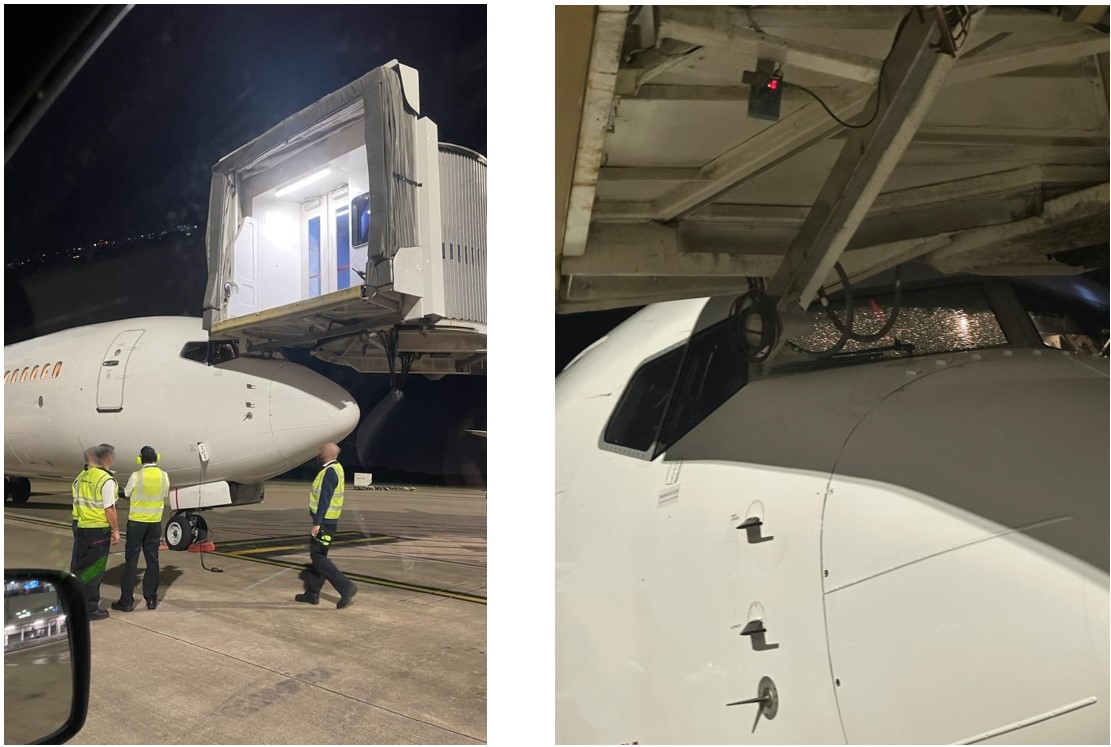 Two image - left image shows the aerobridge position, the right image shows the aerobridge impact with aircraft