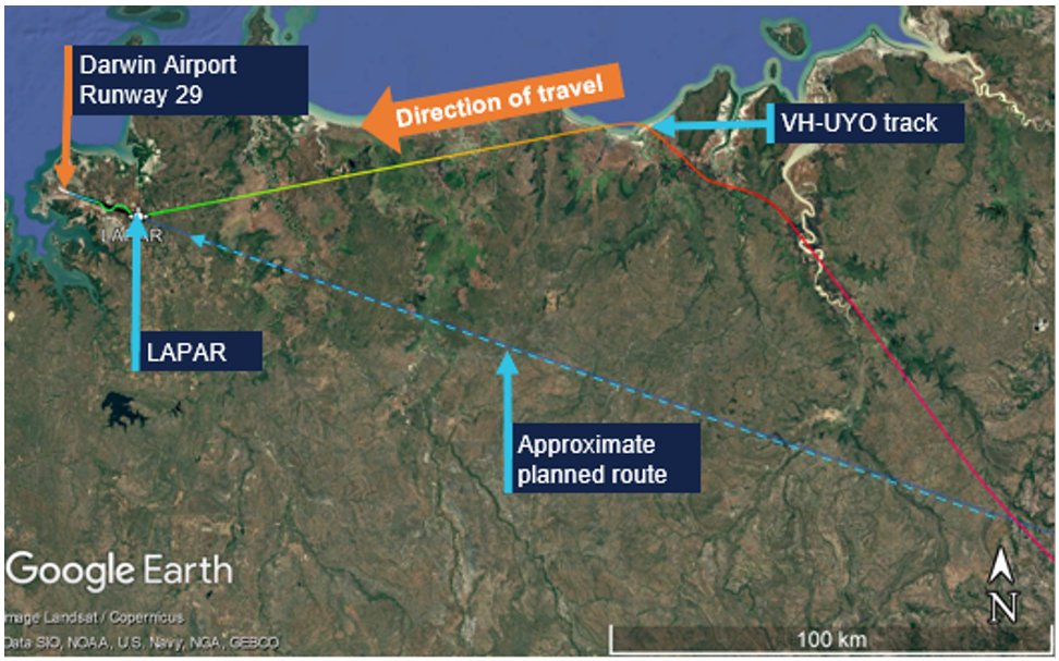 Figure 1: VH-UYO recorded flight data showing weather diversion and tracking to LAPAR