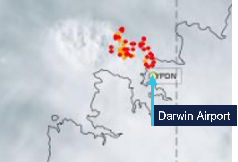 Figure 9: Cloud cover at 1640 and recorded lightning strikes 