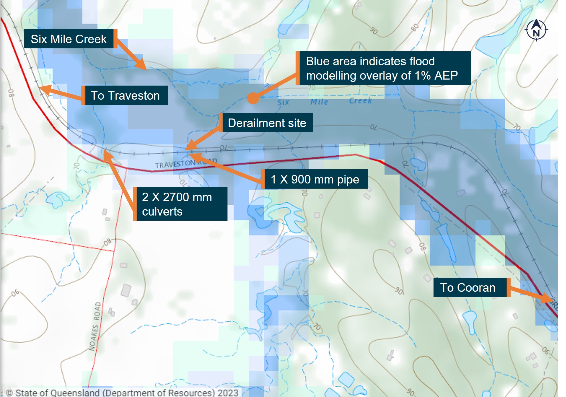 Queensland Department of Resources flood map illustrating area likely to be flooded by a 1% AEP event.