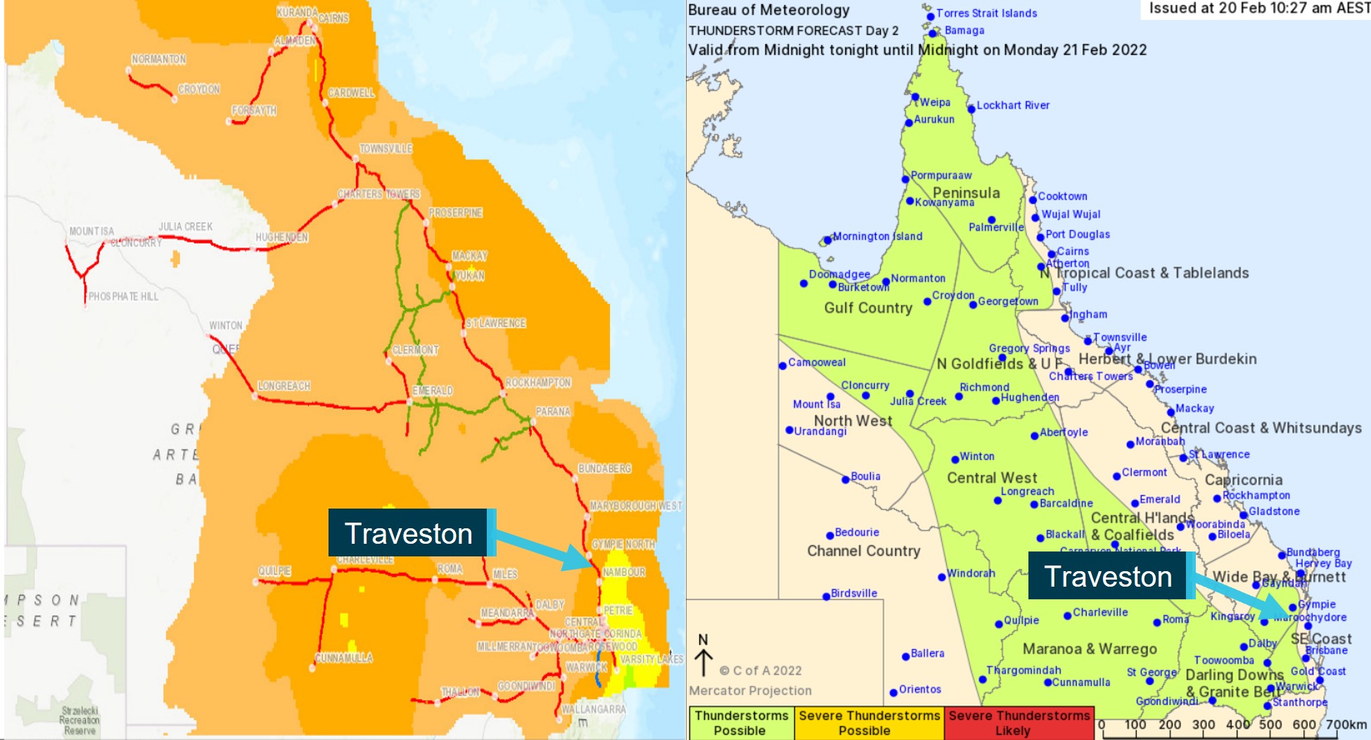Extracts from the Queensland Rail 3-day weather forecast summary illustrating areas likely affected by rainfall and thunderstorm activity.