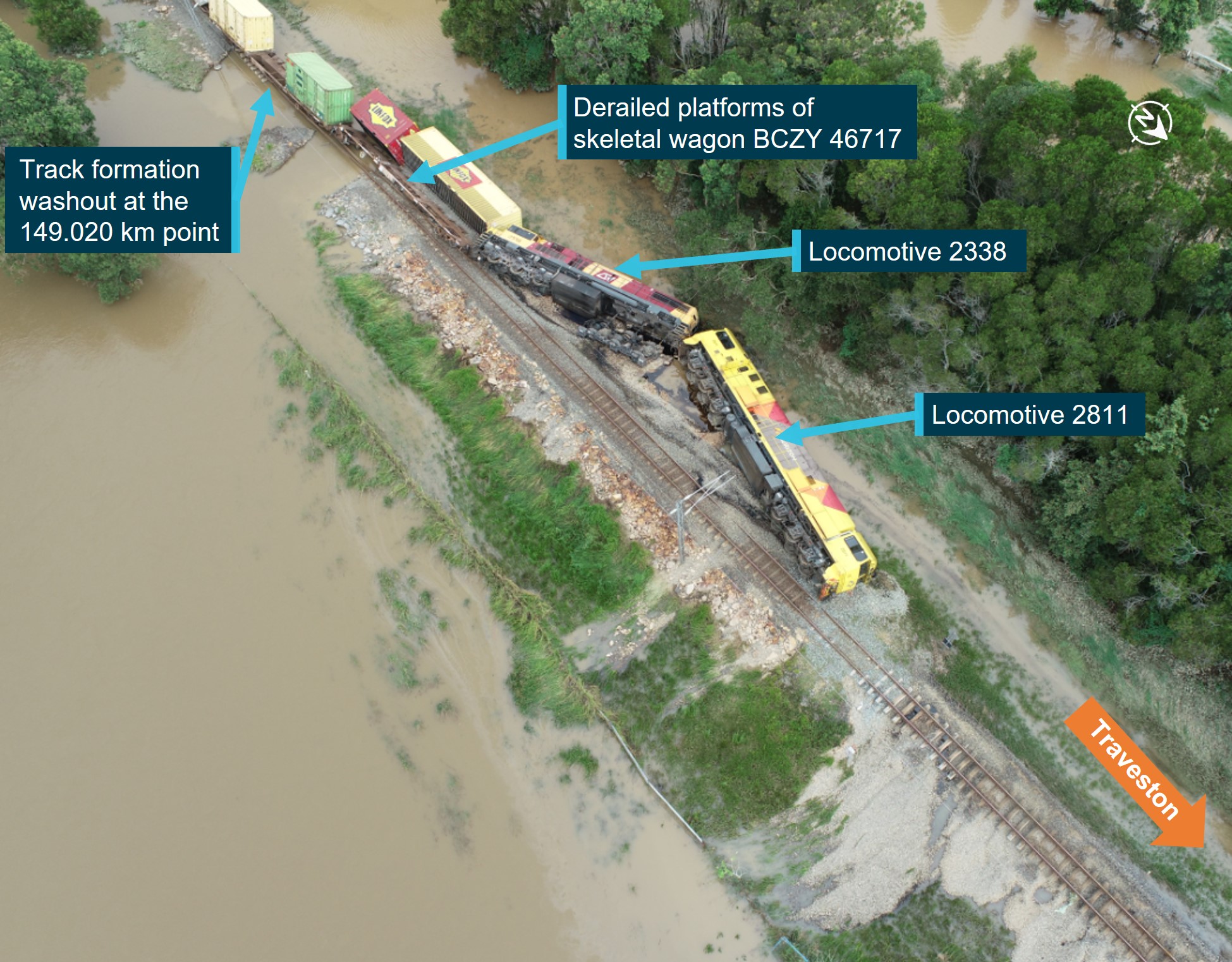 Overhead view of damage to the track formation and derailed vehicles from train Y279.
