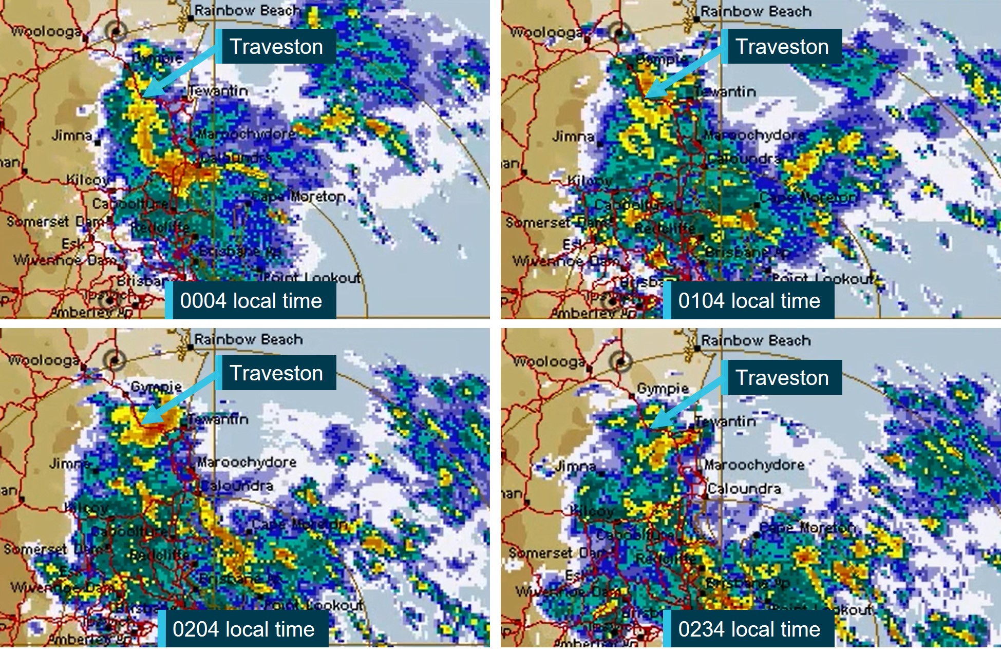 Bureau of Meteorology rain radar loop images of rainfall rate in the Traveston area taken during the early hours of 23 February 2022. 