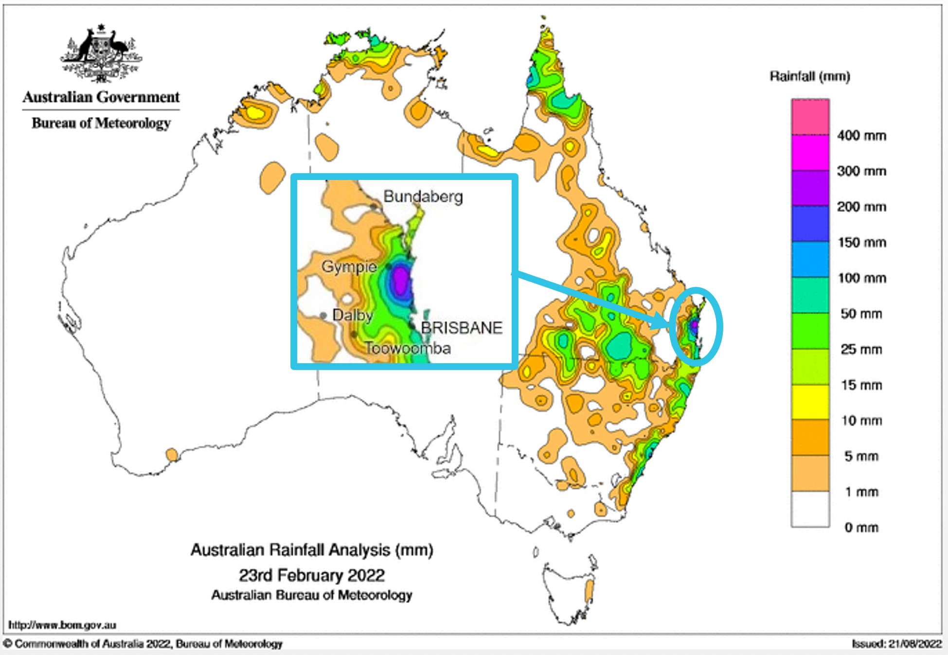 Bureau of Meteorology daily rainfall totals for 23 February 2022 illustrating areas of intense rainfall in the area south of Gympie.