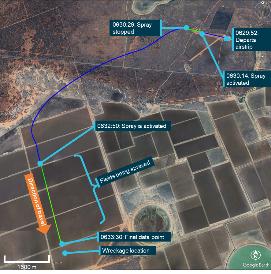 Overview of flight path and key events over a Google Earth Map.
