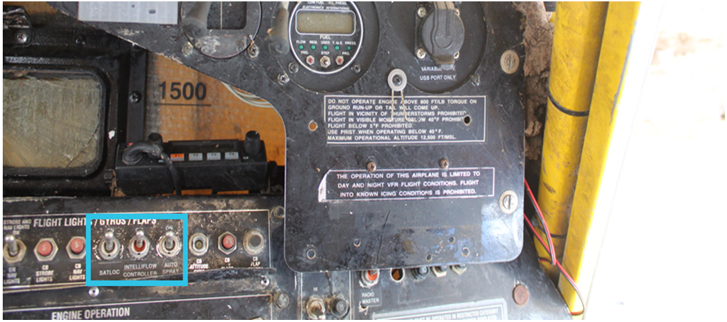 3 switches used in spraying in an Air Tractor cockpit.