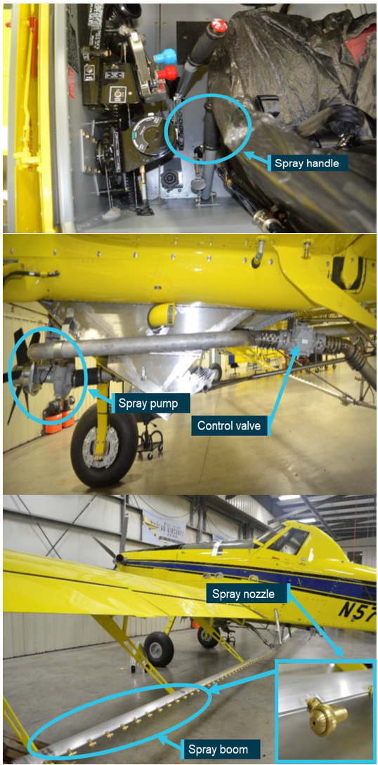 Three images - one showing spray handle, second image shows spray pump, third image shows spray boom and inset of spray nozzle.