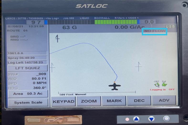 Satloc screen showing no flow warning.