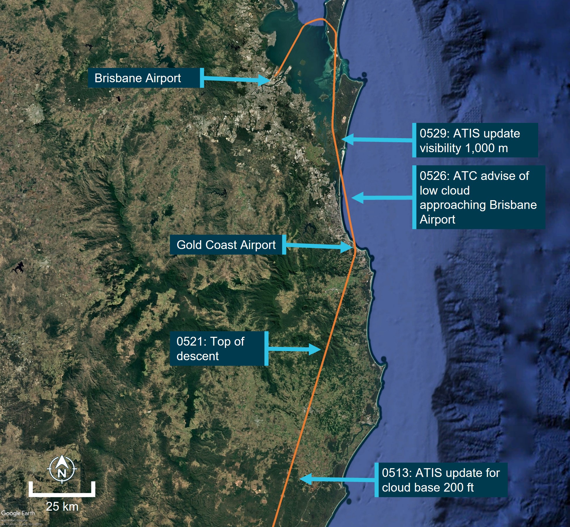 Good Earth image showing VH-SAJ flight track from 0513. The image shows the location of where the crew received advice on low cloud and reduced visibility.