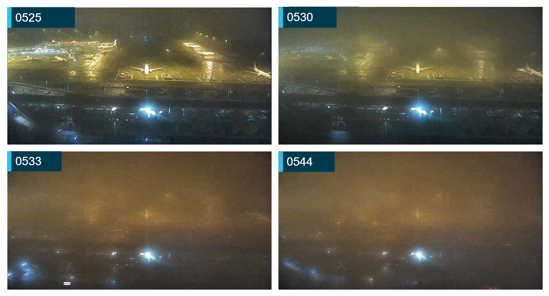 4 images of the same location at Brisbane airport facing south over a 19 minute period. The images show the decreasing visibility due to fog.