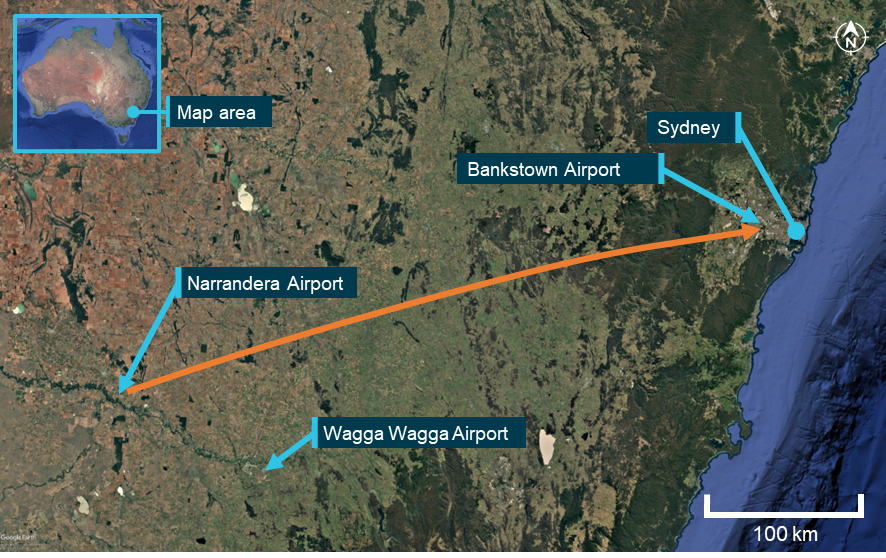 Flight path from Narrandera Airport to Bankstown Airport, near Sydney