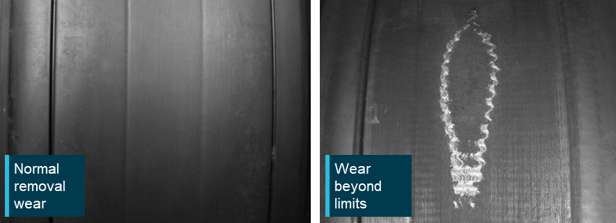 Two images of tyres, one showing normal removal wear and the other wear beyond limits with exposed cord showing