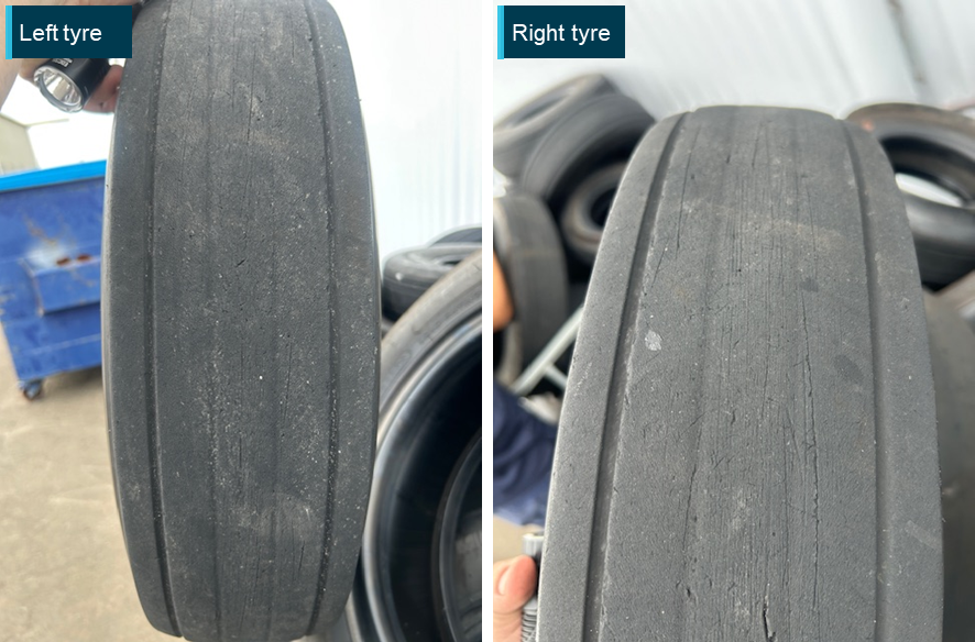 Images of both the left and right tyre. Both showing centre tread worn almost to completion.